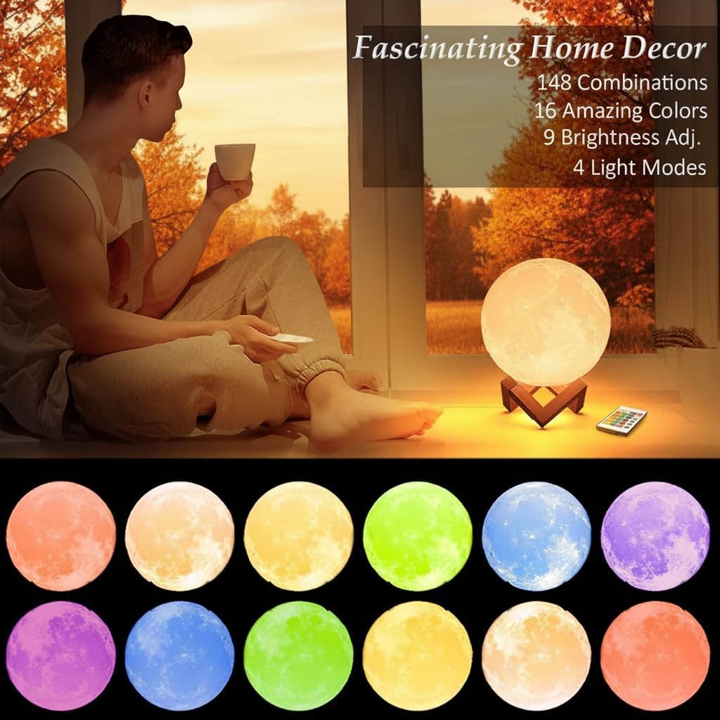 Moon Lamp 16 Colors — LED Night Light with Remote & Wood Stand